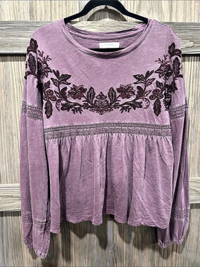 Lucky Brand Embroidered Peplum Long Sleeve Top Tunic Purple XL